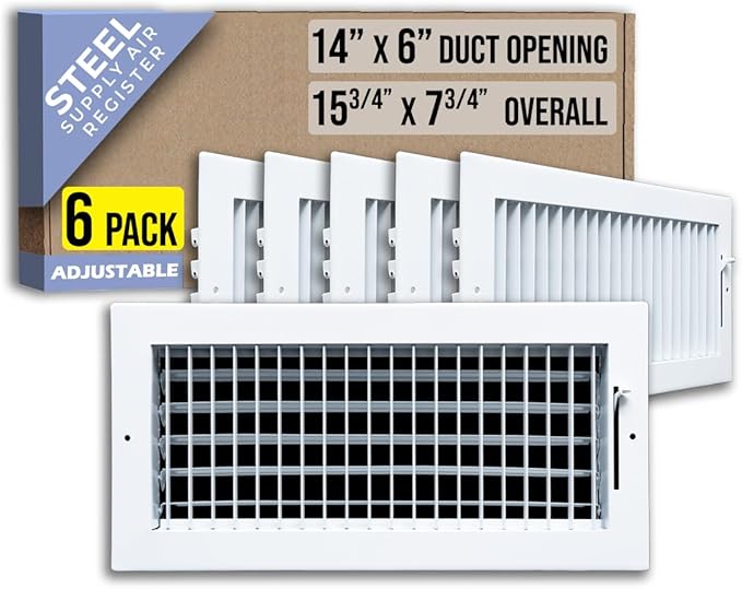 [6 Pack] Fits 14x6 Duct Opening Steel Adjustable Air Supply Grille by Handua | Register Vent Cover Grill for Sidewall and Ceiling | White | Out. Dim.: 15.75" X 7.75"