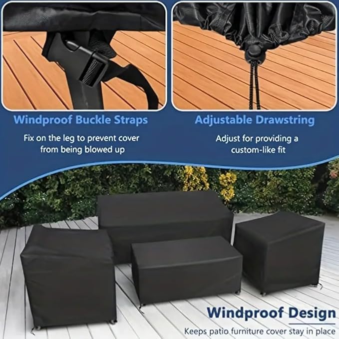 4-Piece Outdoor Furniture Covers, 420D Waterproof Windproof Set for Patio Chairs, Sofa & Table, with Drawstring, Black Oxford Fabric(Black 420D)