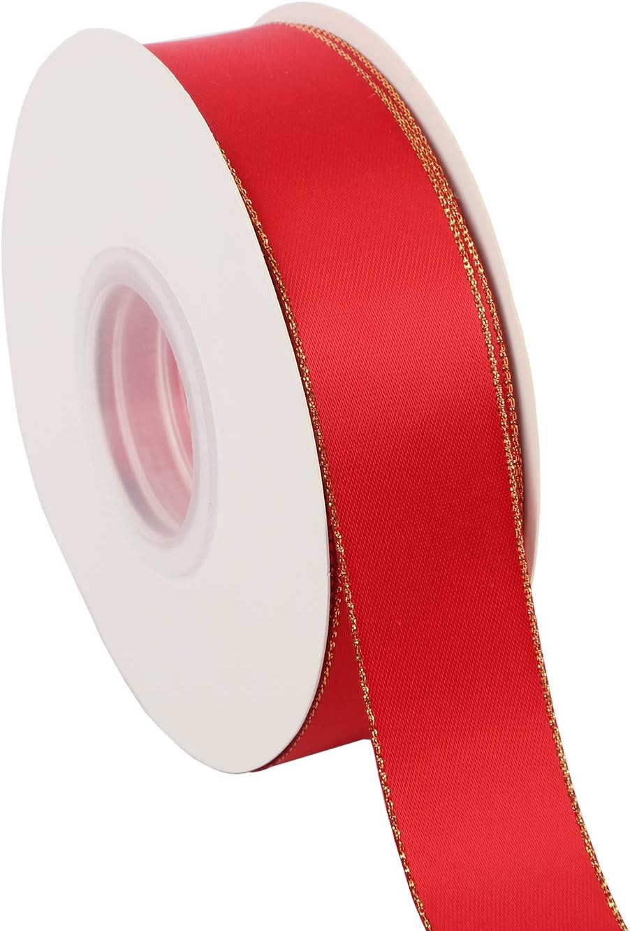 ITIsparkle 1" Inch Double Faced Satin Ribbon 25 Yards with Gold Edges, 1" X 25Yd - Red