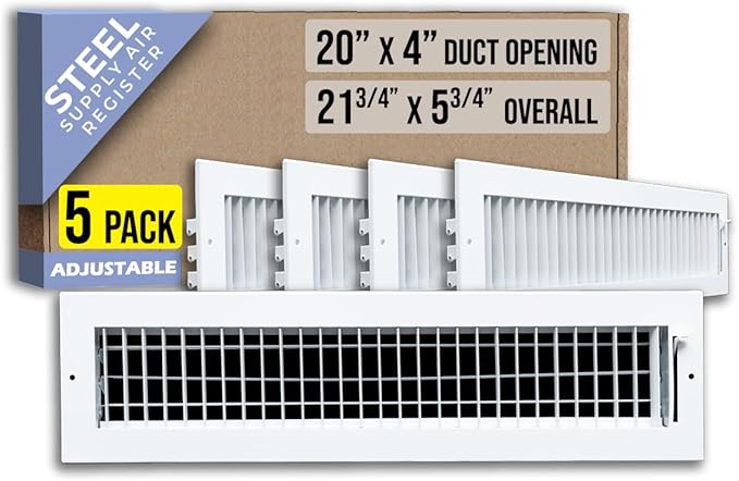 [5 Pack] Fits 20x4 Duct Opening Steel Adjustable Air Supply Grille by Handua | Register Vent Cover Grill for Sidewall and Ceiling | White | Out. Dim.: 21.75" X 5.75"