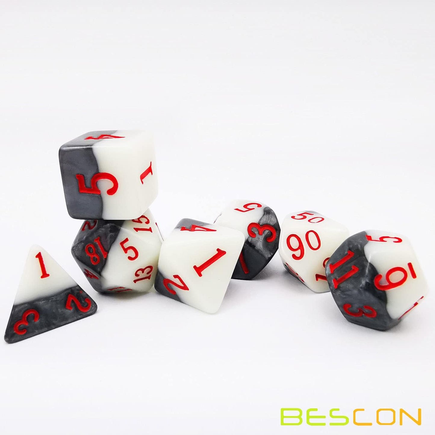 Bescon Two-Tone Glowing Polyhedral Dice 7pcs Set Green Dawn, Luminous RPG Dice Set d4 d6 d8 d10 d12 d20 d%, Brick Box Packaging