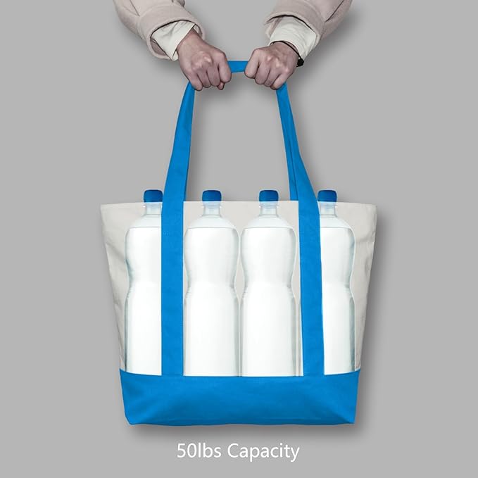 TOPDesign 6-Pack Canvas Tote Bags with an External Pocket, Reusable Grocery Shopping Bags, Top Zipper Closure, Daily Essentials (Ocean Blue/Natural)