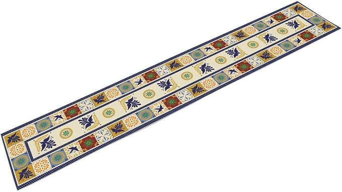 Mexican Table Runner, Blue Floral Birds Mexico Talavera Ceramic Dia De Los Muertos Coffee Table Center Decor for Family Home Kitchen and Dining Farmhouse Indoor Outdoor Table Decorations, 13" X 72"