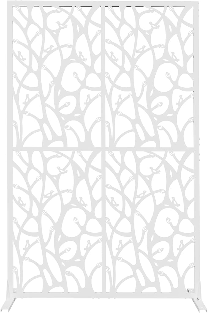 Metal Privacy Screen Room Divider 72" H x 45.3" W, Free Standing Decorative Panel with Bird Design for Indoor Outdoor Use, Black Iron Partition for Patio Balcony Garden (Bird White)