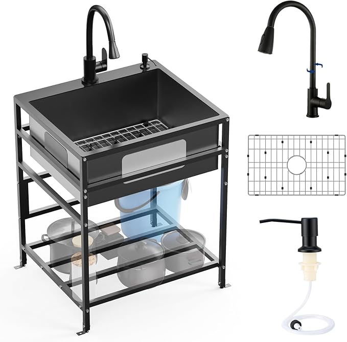Black 25x22 Inch Freestanding Utility Sink-Stainless Steel Laundry Sink Practicality With Accessories Black Stainless Faucet,Soap Dispenser, SS Sink Grid For Laundry,Garage,Outdoor Kitchen,Garden...