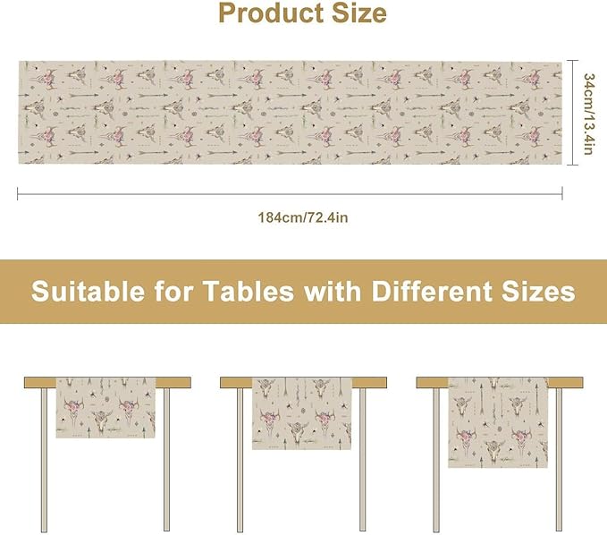 Western Boho Table Runner, Aztec Native Tribal Bull Skull Southwestern Bohemian Geometric Floral Pattern Table Runner for Home Kitchen Dining Party Farmhouse Cafe 13x36in