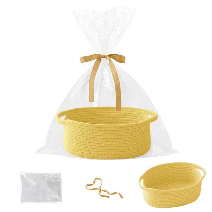 Gift Basket with Gift Bag and Ribbons,Small Rope Woven Shelf Storage,Baskets for Gifts Empty,Birthday,Baby Shower,Decorative Organizer Box with Handles(Yellow)