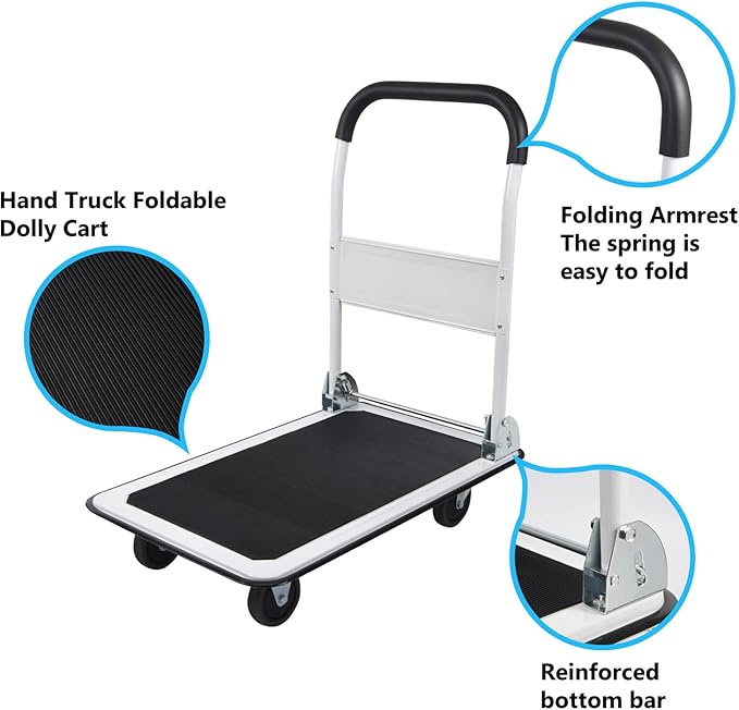 LEADALLWAY Foldable Push Cart Platform Cart 330lbs Capacity 4 Wheels 28.7x18.5x32.3inches White with 2 Ropes Small Flatbed Cart