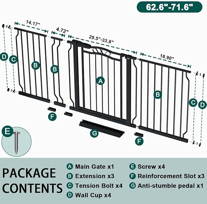 Fairy Baby 62.5"-71.6" Extra Wide Baby Gate Pressure Mount, Long Large Dog Gate Indoor Doorways Stairs, No Drill Safety Child Gate for Kids with Double Lock, Walk Thru Pet Gate for Puppy Doggy, Black