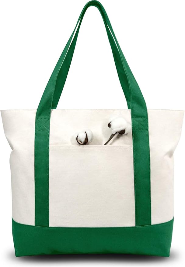 TOPDesign 3-Pack Canvas Tote Bags with an External Pocket, Reusable Grocery Shopping Bags, Top Zipper Closure, Daily Essentials (Green/Natural)