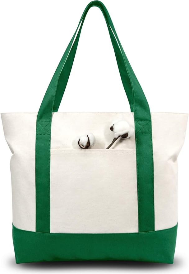 TOPDesign 6-Pack Canvas Tote Bags with an External Pocket, Reusable Grocery Shopping Bags, Top Zipper Closure, Daily Essentials (Green/Natural)