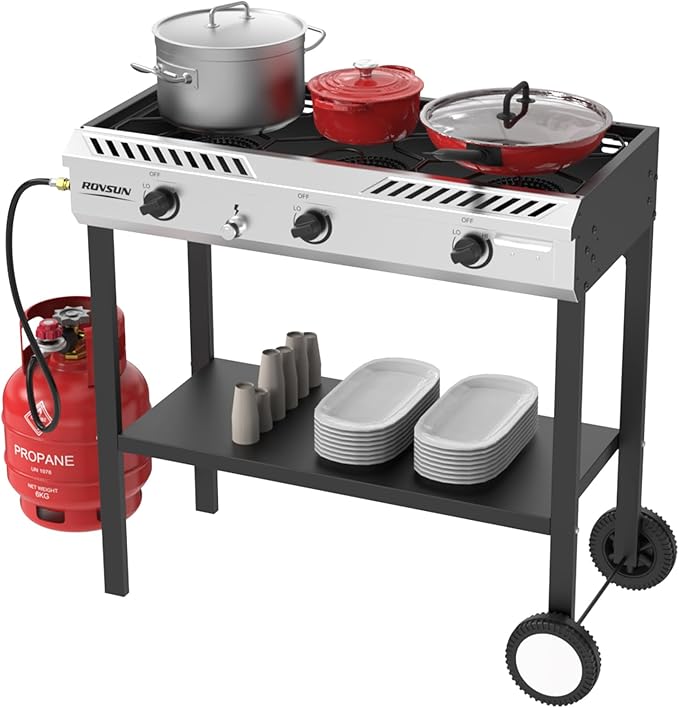 ROVSUN 3 Burner Propane Stove with Auto Ignition, 225,000 BTU Gas Stove with Storage Shelf, Rolling Wheels & Regulator for Home Outdoor Backyard Camping Cooking Frying Brewing Canning