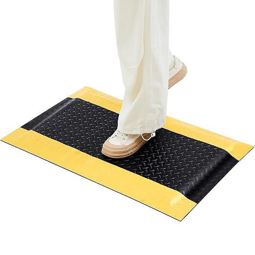 Timgle Anti Fatigue Mats Industrial 1.67 'x 2.5' Heavy Duty Commercial Grade Diamond Plate Vinyl Non Slip Safety Ergonomic Floor Mat Black with Yellow Border 7/8 Inch Thick Sponge for Work Stand