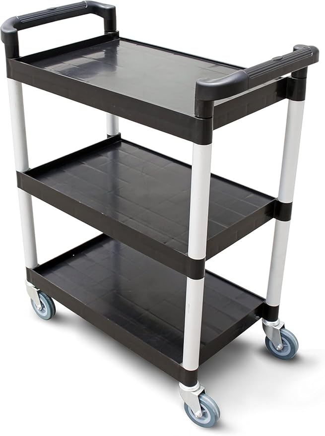 New Star Foodservice 54552 350-Pound Plastic 3-Tier Utility Bus Cart with Locking Casters, 42.5" x 19.5" x 38.5", Black