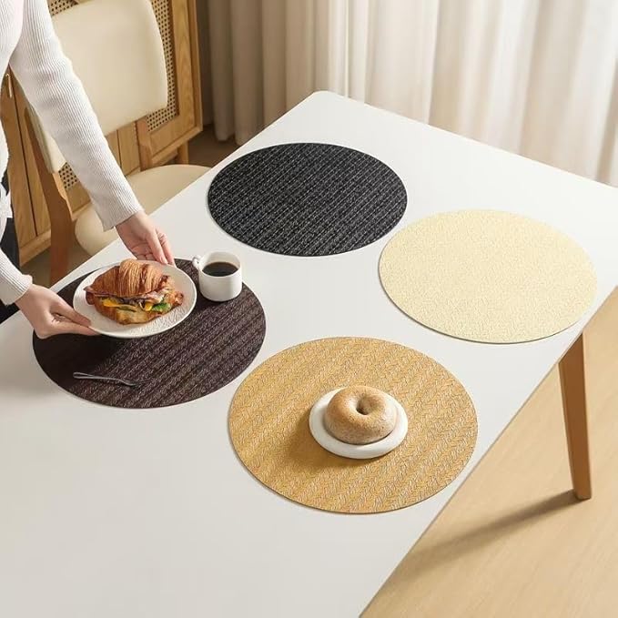 PIGCHCY Round 15" Water-Resistant Placemats Set of 6, Premium Faux Leather Placemats PVC Easy Clean Table Mats for Hotels Outdoor Dining, Wedding Decor (Golden Beige)