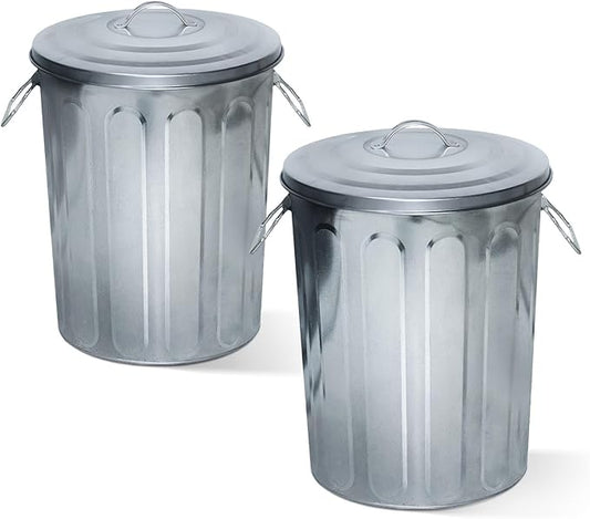 Plexon 5 Gallon Small Metal Trash Can with Lid Outdoor Galvanized Bucket with Lid 5 Gal Fireplace Ash Bucket for Wood Stove Storage Can for Dog Food Bird Seed Storage Container Rodent Pet Proof 2 Pack
