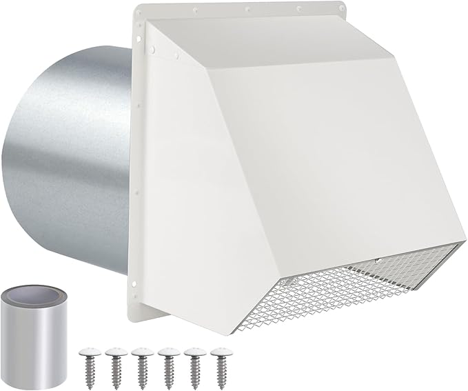6 Inch Hooded Wall Vent with Screen and Damper,Wall Exhaust Vent Cover Cap,Dryer Vent Cover Outside,Exterior Wall Vent Hood Outlet Air Vent for Kitchen Range Hood Air Ventilation,Galvanized Steel,Whit