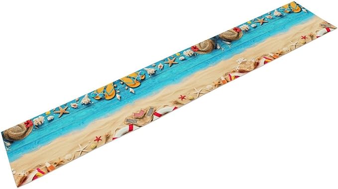 Summer Coastal Table Runner, Nautical Starfish Beach Seashell Ocean Retro Wooden Plank Seasonal Coffee Table Center Decor for Home Kitchen Dining Patio Holiday Party Table Decorations 13"x108"