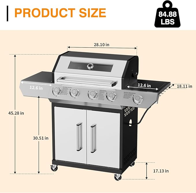 4 Led Burner Propane Gas Grill with Side Burner & & Visual Glass, Stainless Steel Gas Grill with Enameled Cast Iron Grates, 60,000 BTUs Output for Outdoor Cooking and Patio Backyard Barbecue