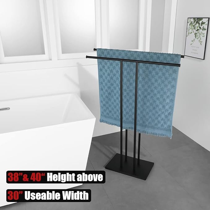 JQK Bath Towel Holder Stand Black, 30 Inch Free Standing Double Towel Rack Shelf for Bathroom Floor, Matte Black, BTH100L30-PB