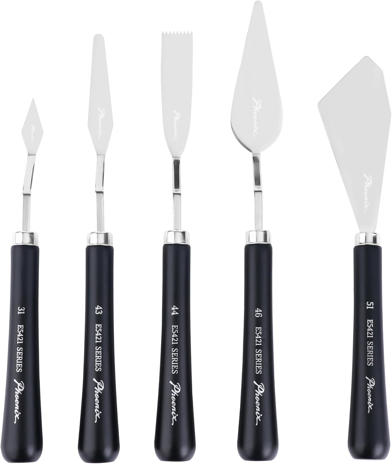 PHOENIX High Flexible Palette Knife Set, 5 Pieces Stainless Steel Painting Knives (31,43,44,46,51) Art Knife with Wood Handle, Paint Spatula for Oil Acrylic Paint - Painting Tools for Artists