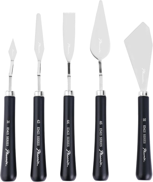 PHOENIX High Flexible Palette Knife Set, 5 Pieces Stainless Steel Painting Knives (31,43,44,46,51) Art Knife with Wood Handle, Paint Spatula for Oil Acrylic Paint - Painting Tools for Artists