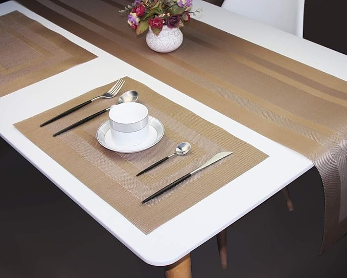 PIGCHCY 72 inches Table Runner,Table Centerpiece, Heat Resistant Vinyl Woven Washable Table Mats Sets (Champagne)