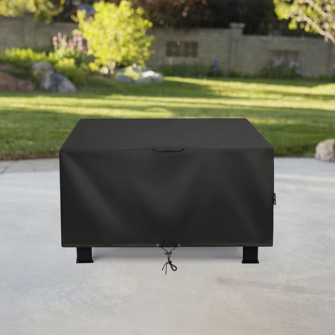 Unicook Square Fire Pit Cover 38 Inch, Heavy Duty Waterproof Fire Table Cover, Outdoor Firepit Protector with Drawstring and Handles, All Weather Protection, Black
