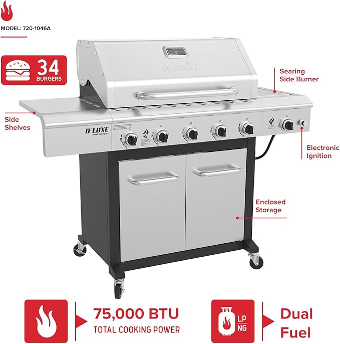 Nexgrill Deluxe 5-Burner Propane Barbecue Gas Grill with Side Table and Ceramic Searing Side Burner, 771 sq. in., 75000 BTUs, Black, Outdoor Cooking, Patio, Barbecue Grill, 720-1046A