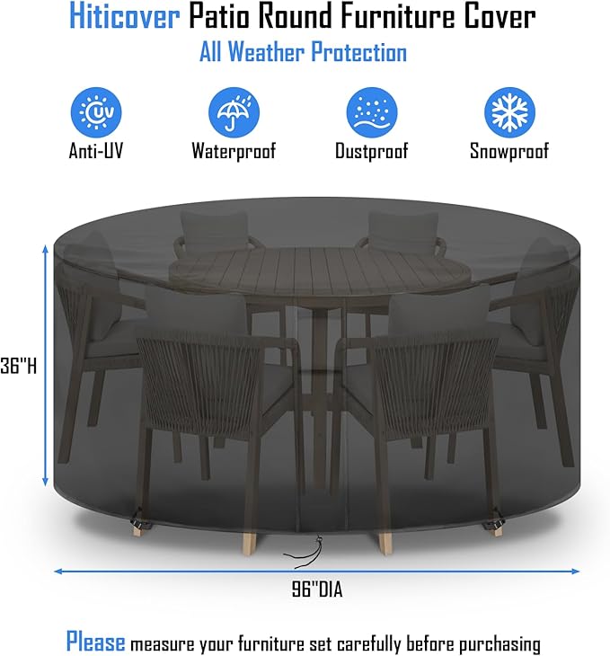 Round Patio Furniture Covers Waterproof, 96 Inch Outdoor High Round Table Cover, Tall Bar Height Outside Table and Chairs Set Covers for Winter, Rainproof Fadeproof - 96" Dia x 36" H