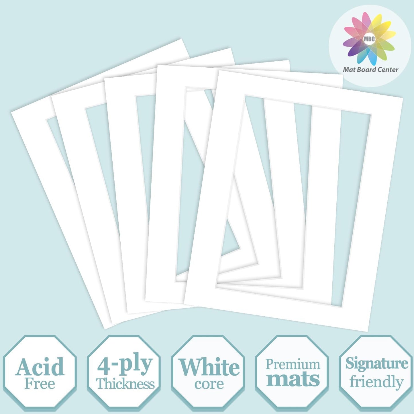 MBC Mat Board Center, 5 Pack 11X14 for 8X12 White Picture Mats Frame Mattes, Bevel Cut, Acid Free, 4-Ply Thickness