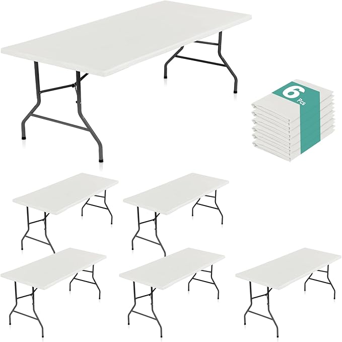 LUSHVIDA 6 Packs Vinyl Tablecloths with Flannel Backing for 6ft Rectangle Folding Table Cloths - Waterproof Plastic Picnic Table Covers with Elastic Corners, 30x72 inch, Ivory