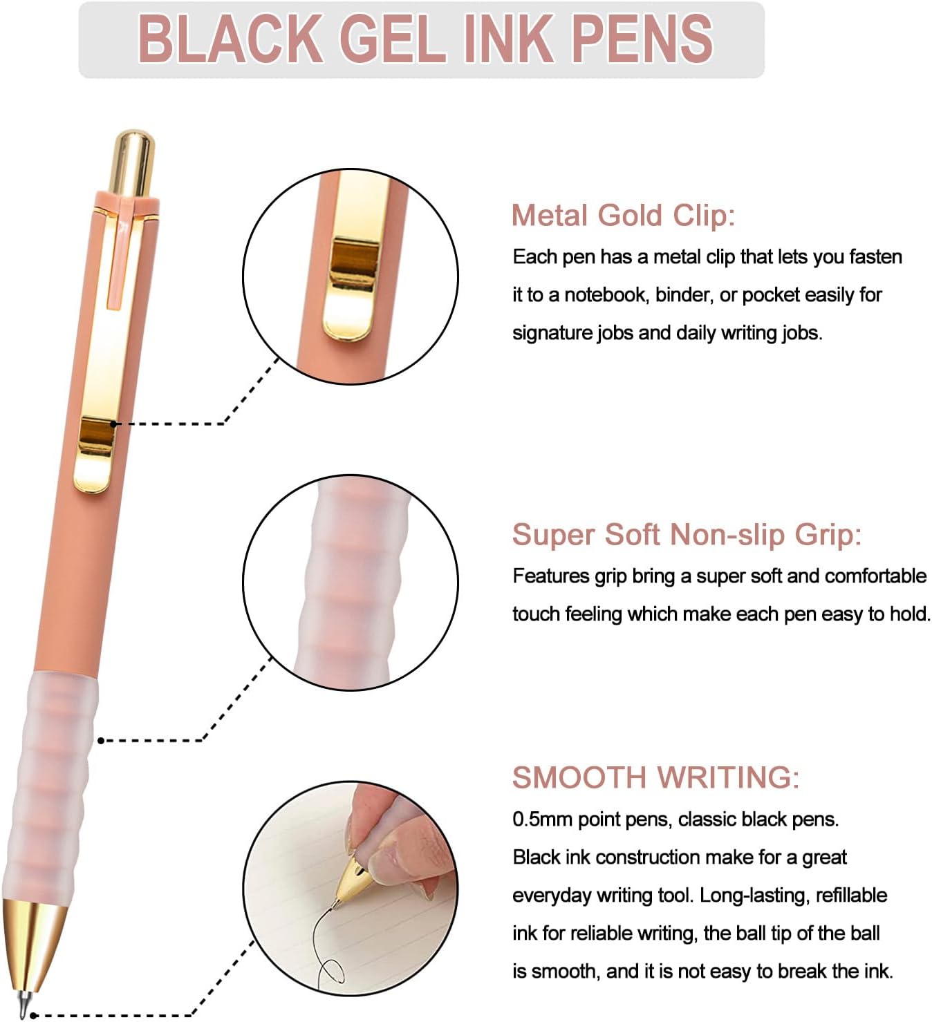 Linbsunne Gel Pens Black Ink Pen 0.5mm fine Point Pens Smooth Writing Retractable Office Supplies (12-count)