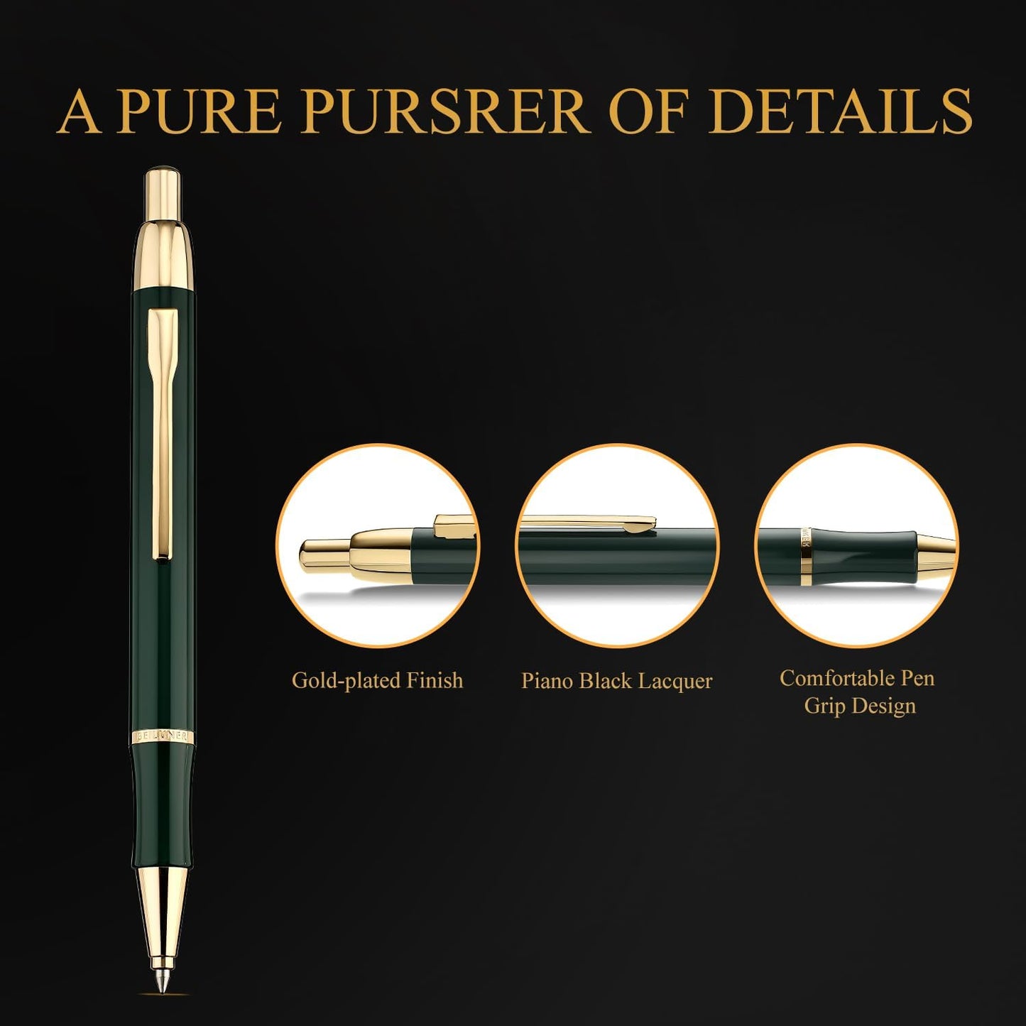 BEILUNER Luxury Gel Pen with 24K Gold Electroplating Finish, Green Piano Lacquer, Luxury Grade Craftsmanship, Best Gel Pen Gift Set for Men and Women