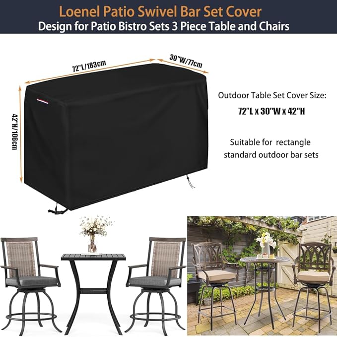 Patio Bar Height Set Cover, Waterproof Outdoor Swivel Bar Set Cover for Patio Bistro Set of 3 Pieces/Outdoor High Top Table and Chairs - 72"L x 30"W x 42"H