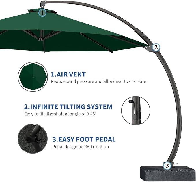 7 Piece Patio Dining Set with 11ft Patio Umbrella (Dark Green), 7 Black Outdoor HDPE Dining Set with 6 Chairs + 1 Large Table, for Market, Pool, Garden, Backyard, Deck
