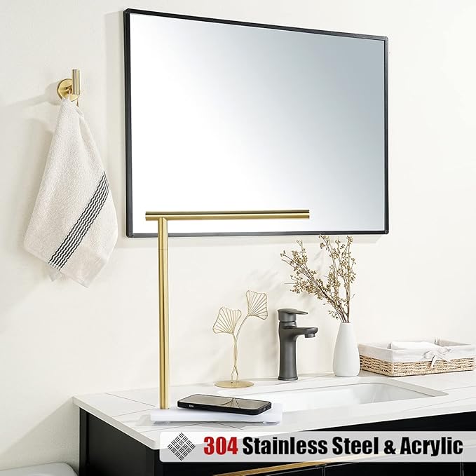 JQK Hand Towel Holder Stand Brushed Gold, Modern Tree Rack Free Standing for Countertop with 12 Inch Bar, 304 Stainless Steel Thicken 0.8mm White Base, HTT170-WG