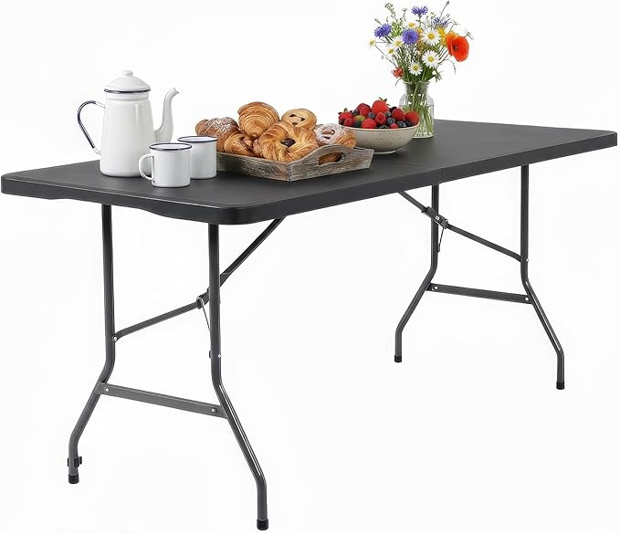 FDW 6FT Folding Table, Portable Fold-in-Half Plastic Picnic Party Table with Carrying Handle （Black, 6FT）