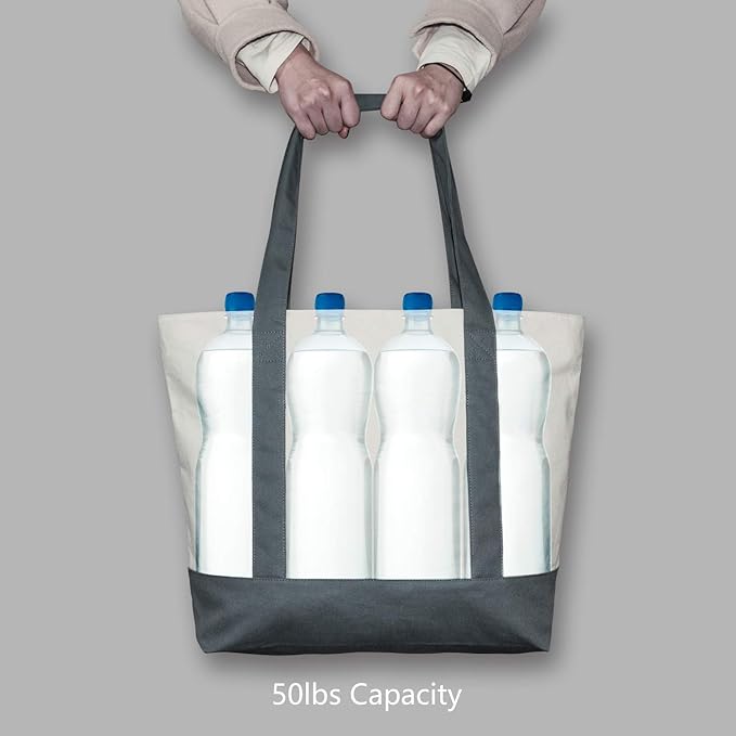 TOPDesign 6-Pack Canvas Tote Bags with an External Pocket, Reusable Grocery Shopping Bags, Top Zipper Closure, Daily Essentials (Grey/Natural)