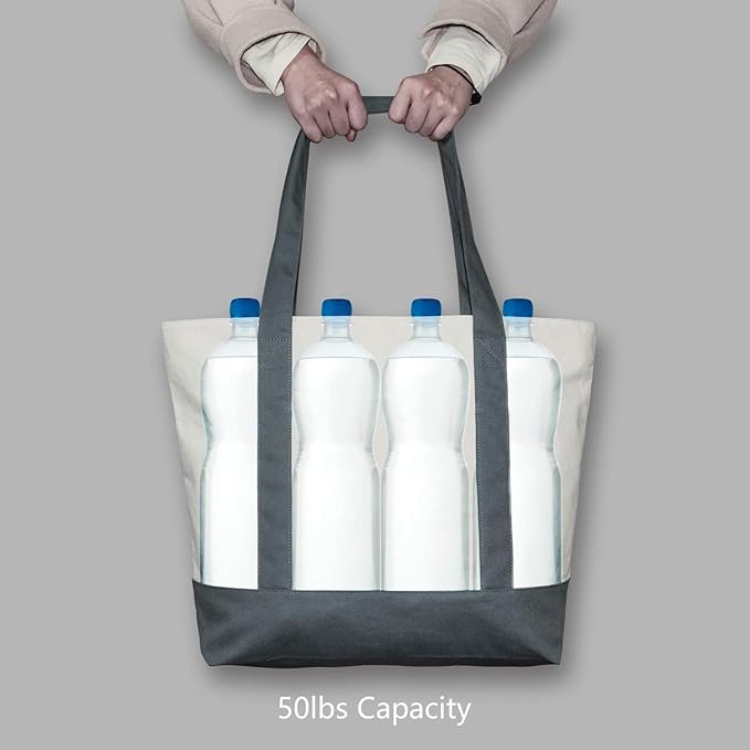 TOPDesign 3-Pack Canvas Tote Bags with an External Pocket, Reusable Grocery Shopping Bags, Top Zipper Closure, Daily Essentials (Grey/Natural)