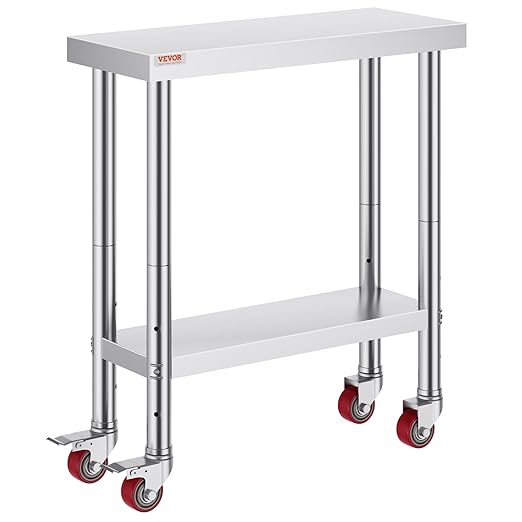 VEVOR Stainless Steel Work Table 30 x 12 x 34 Inch, 700 LBS Load Capacity with 4 Wheels, 3 Adjustable Height Levels, Heavy Duty Food Prep Worktable for Commercial Kitchen Restaurant, Silver