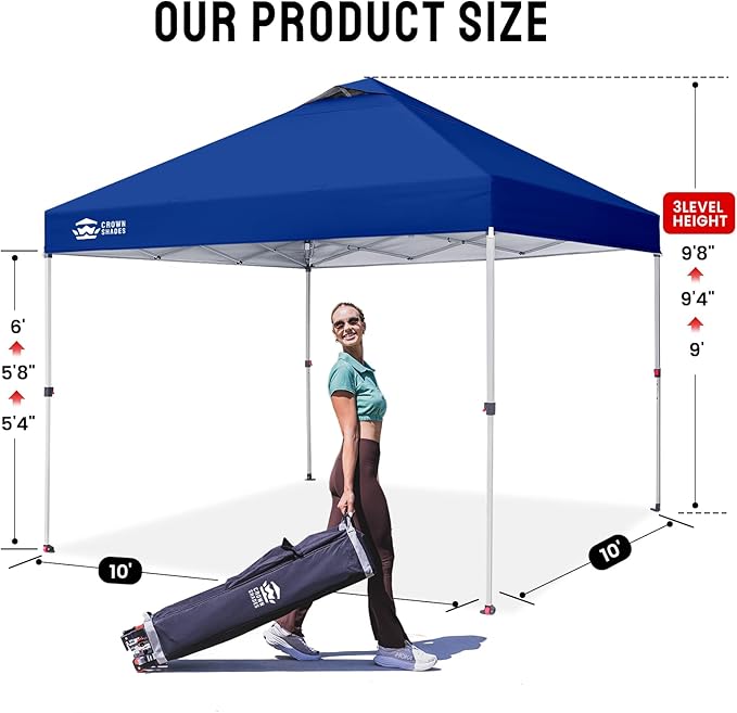 CROWN SHADES 10x10 Pop Up Canopy - Beach Tent with One Push Setup - Easy Outdoor Sun Shade for Events, Parties, Camping - Gazebo with STO-N-Go Cover Bag, Silver Coated Top, Navy Blue
