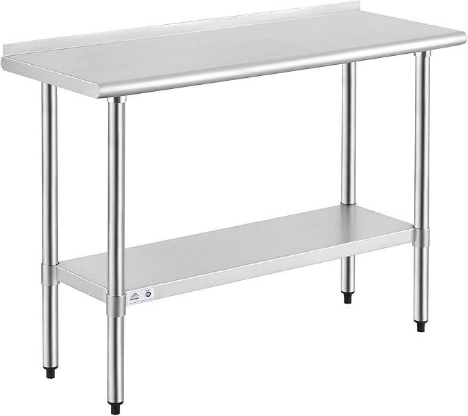 ROCKPOINT Stainless Steel Table for Prep & Work with Backsplash 18x48 Inches, NSF Metal Commercial Kitchen Heavy Duty Table with Adjustable Under Shelf and Table Foot for Restaurant, Home and Hotel