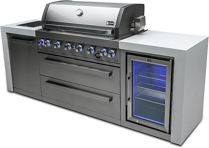 Mont Alpi 805 MAi805-DFC 115000 BTU Stainless Steel Deluxe Modular Outdoor Kitchen Island BBQ Grill with Fridge Cabinet + Infrared Rear & Side Burner + Granite Countertops + Rotisserie Kit & Cover