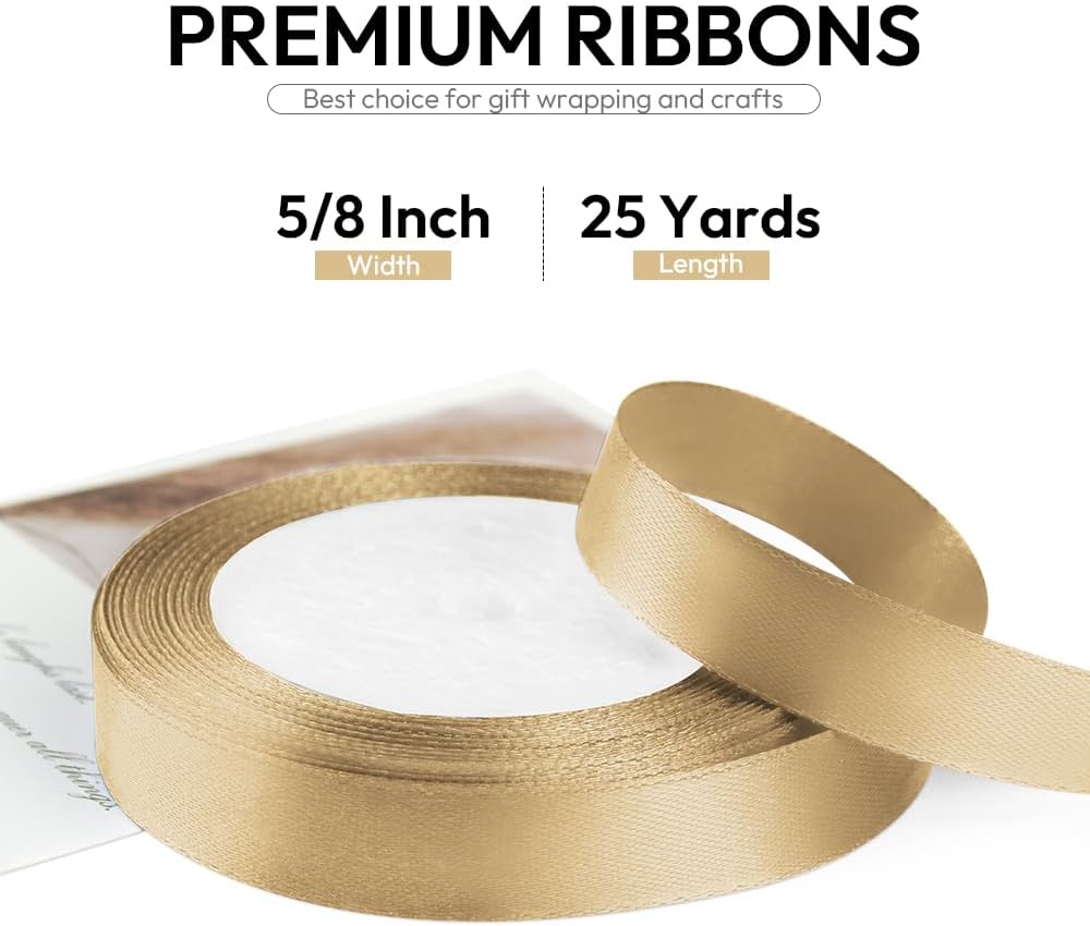 5/8 Inch 25 Yards Satin Ribbon Champagne Gold, Solid Color Fabric Ribbon for Gift Wrapping, Wedding, Polyester Gift Ribbon for Birthday Party Decoration, Craft, Hair, Floral, Sewing