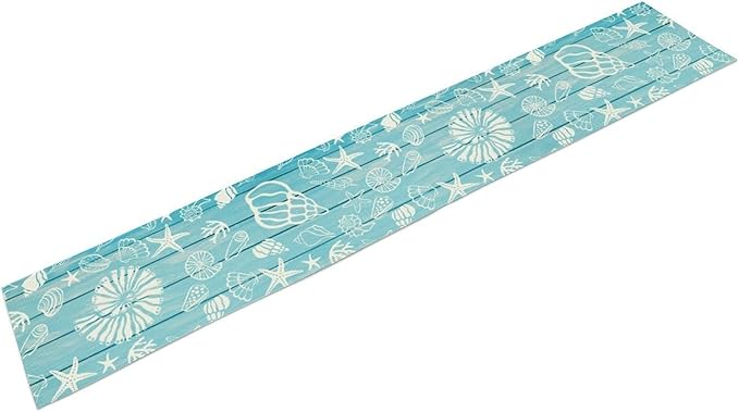 Beach Starfish Table Runner, Blue Wooden Nautical Coastal Ocean Seashell Teal Print Summer Vintage Coffee Table Center Decor for Family Holiday Party Kitchen Farmhouse Table Decorations, 13" X 90"
