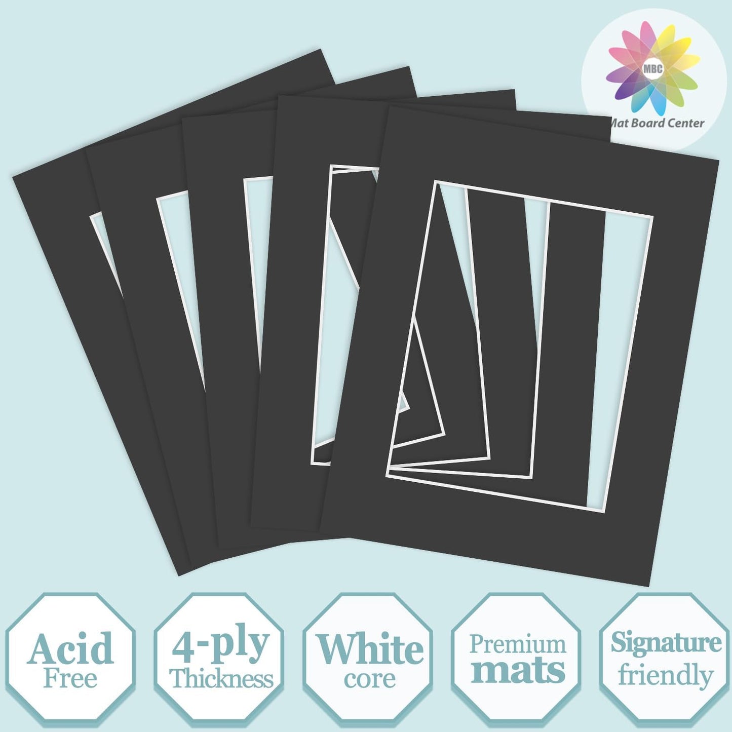 MBC Mat Board Center, 5 Pack 8.5X11 for 6X8 Black Picture Mats Frame Mattes, Bevel Cut, Acid Free, 4-Ply Thickness