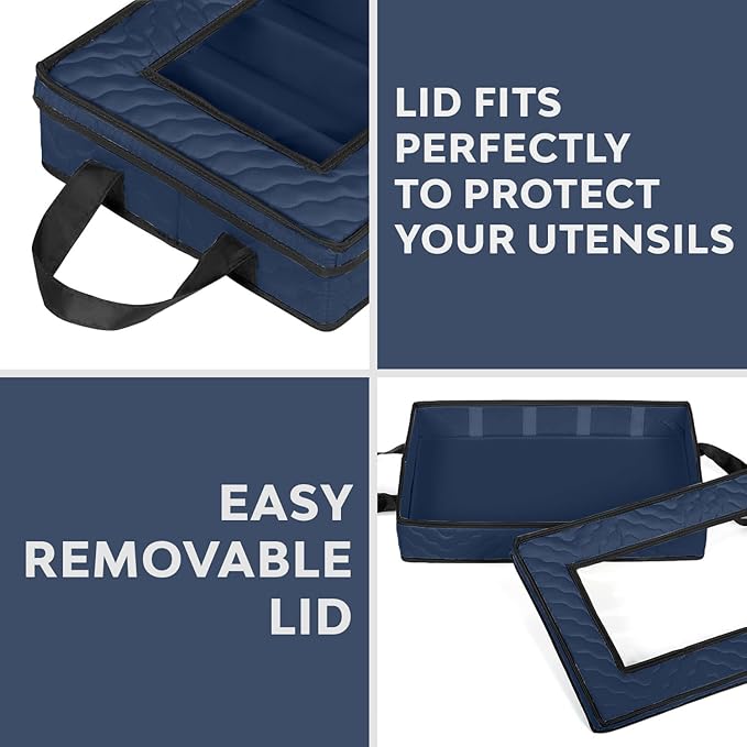 Flatware Storage Case - Durable 5 Compartment Silverware Storage Container Box with Removable Lid and Easy to Carry Handles - Large Capacity Keeps Your Cutlery Organized & Protected - Blue