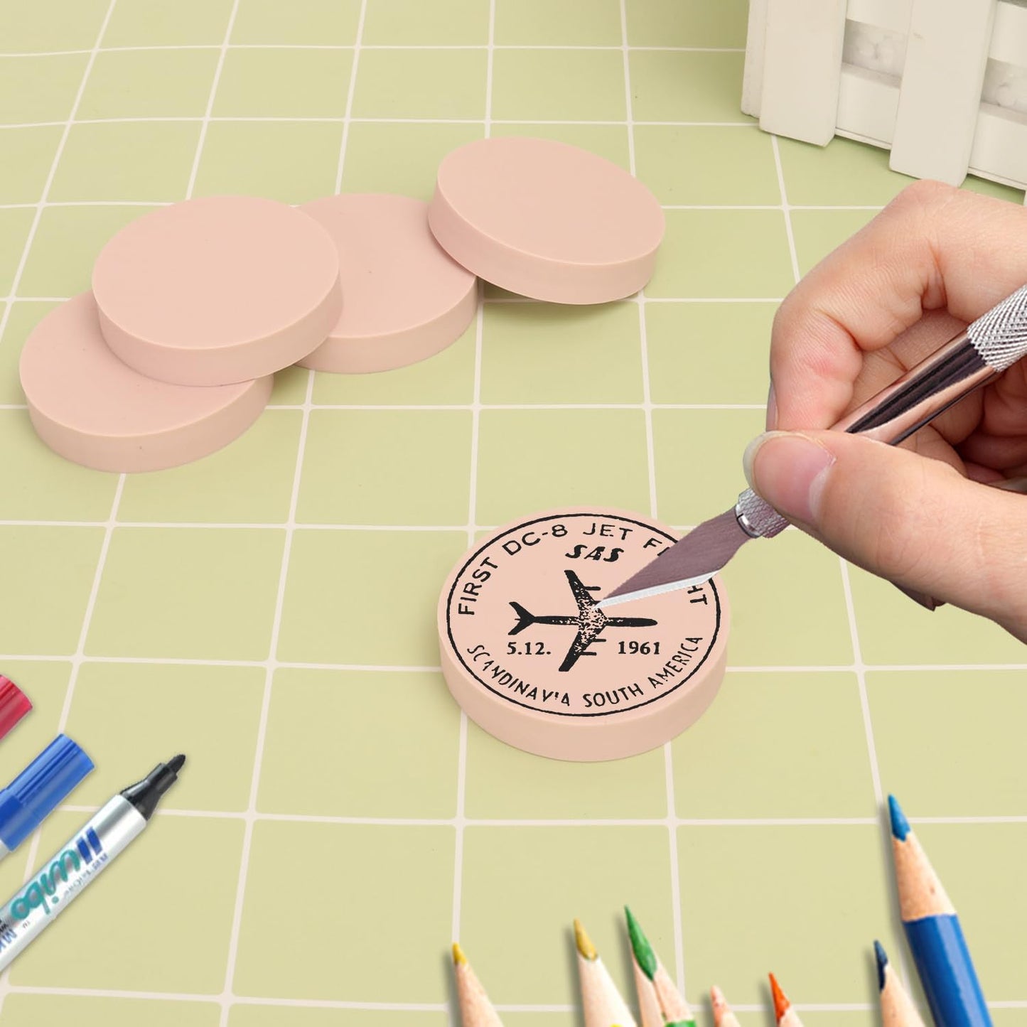 60 Pcs 2" Round Rubber Carving Blocks, Linoleum Blocks, Stamp Carving Blocks for Printmaking, Crafts and More,(Pink) by KUKLIPJIM