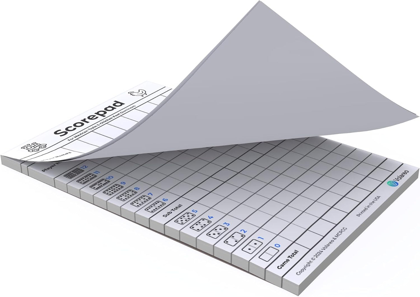 Mexican Train and Chicken Foot Dominoes Score Pad - 100 Scoring Sheets per Scorepad, 8.5 x 5.5 Inches - Score Sheets for Double 12 Domino Sets, White, VO-320